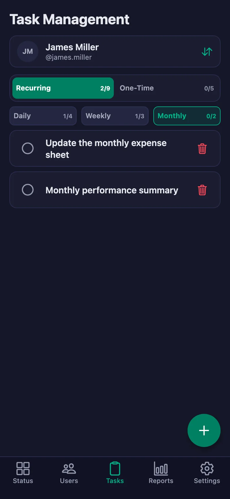 Daily, weekly, monthly and one-time tasks.