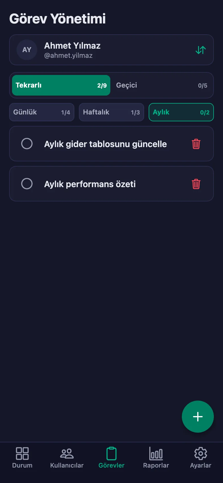 Günlük, haftalık, aylık ve geçici görevler.