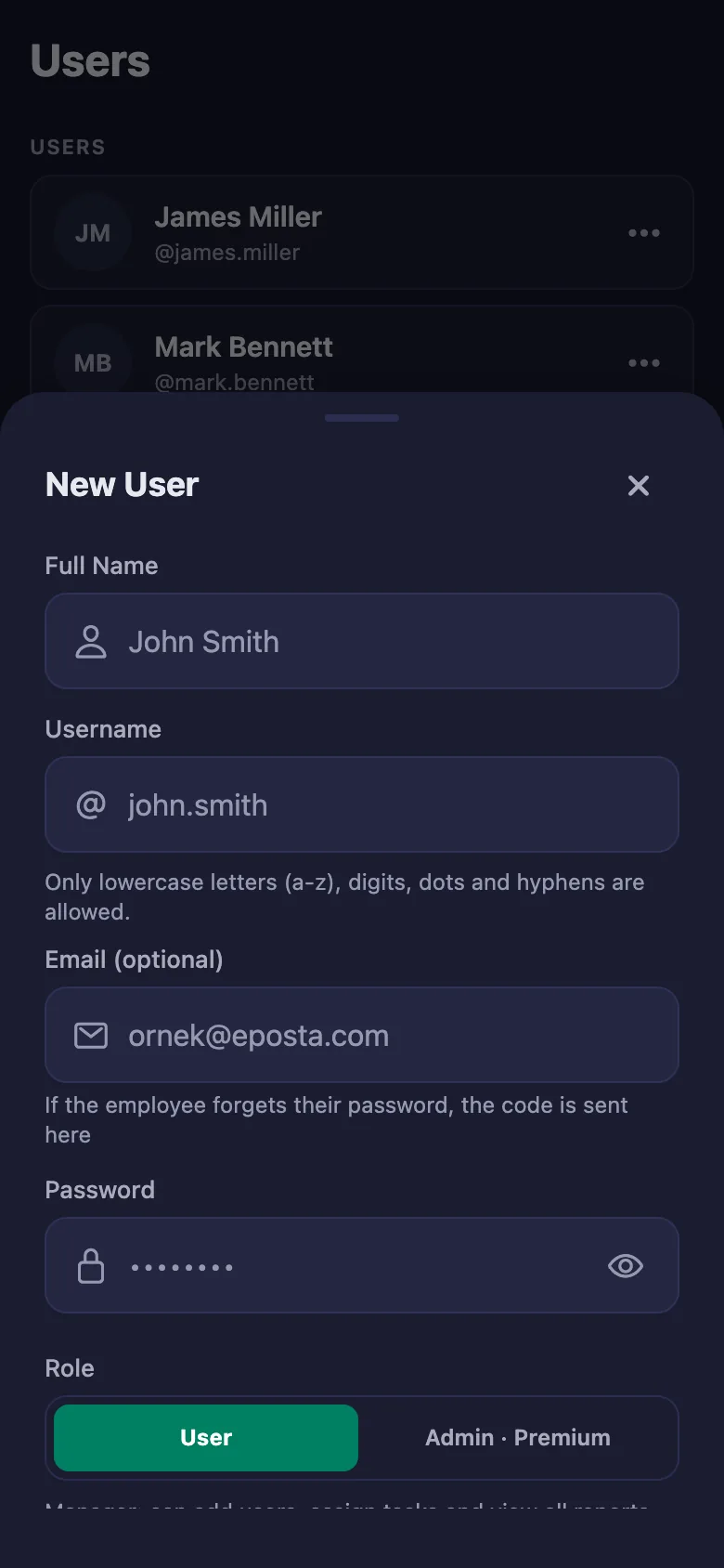 Add users, edit them, assign roles.