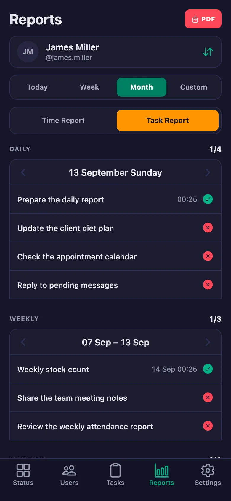Daily, weekly, monthly work reports and PDF.