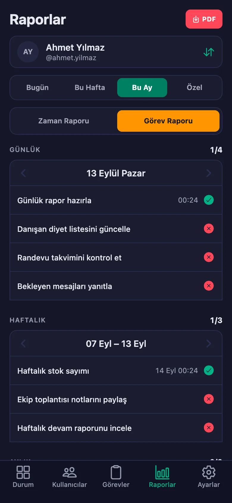 Günlük, haftalık, aylık çalışma raporu ve PDF.