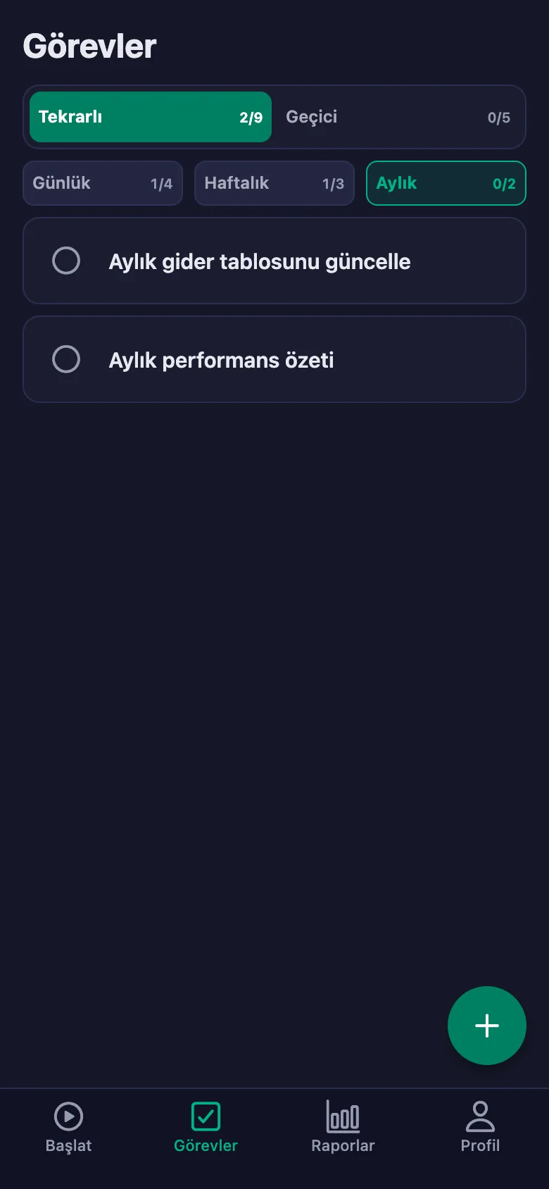 Günlük görevler her gün yeniden açılır.