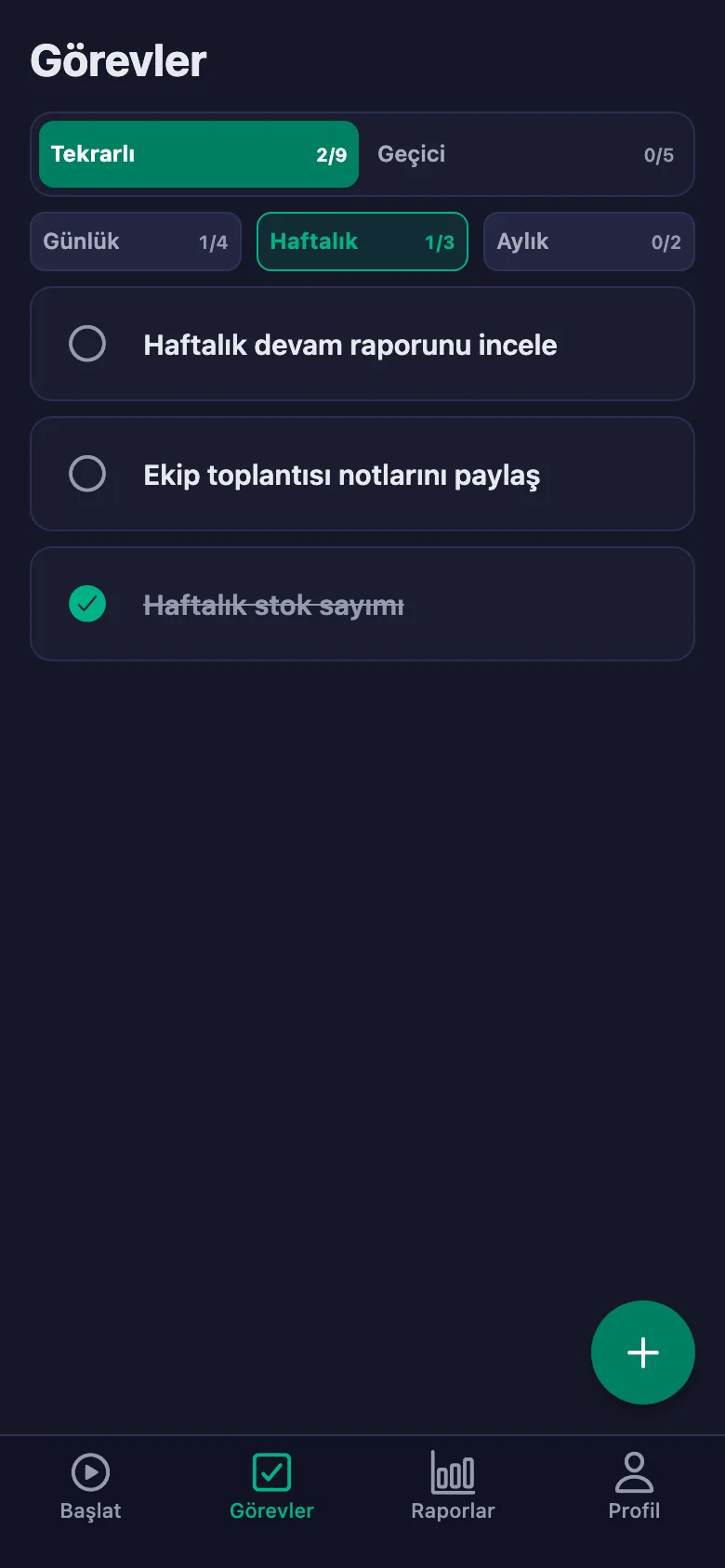 Günlük görevler her gün yeniden açılır.