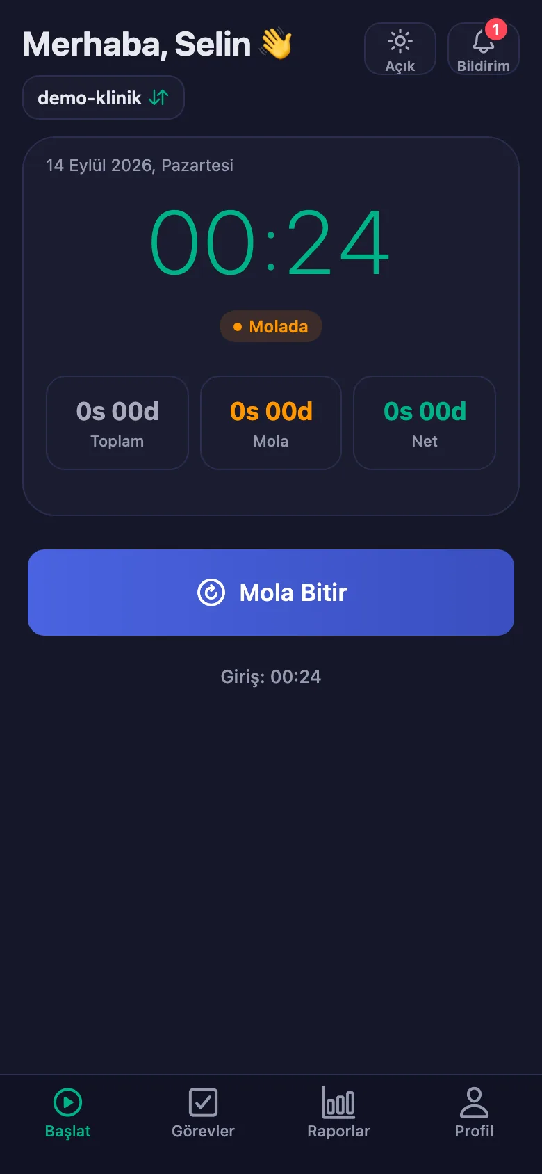 Mola süresi ayrı sayılır, net süreden düşer.