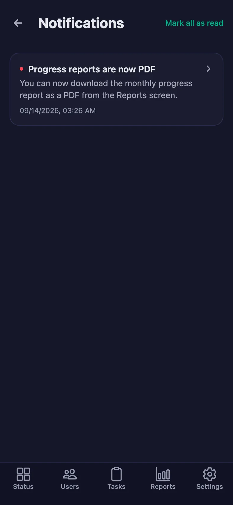 You download the report as a PDF; notifications can also go to Telegram if you want.