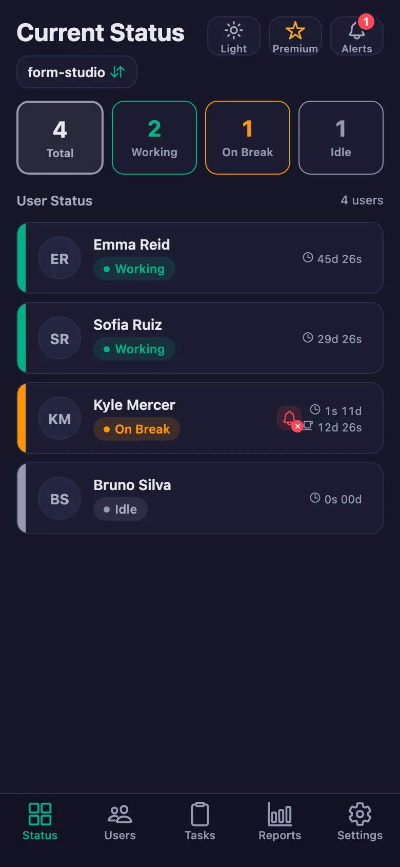 You see live which client has the timer running, and for how long.