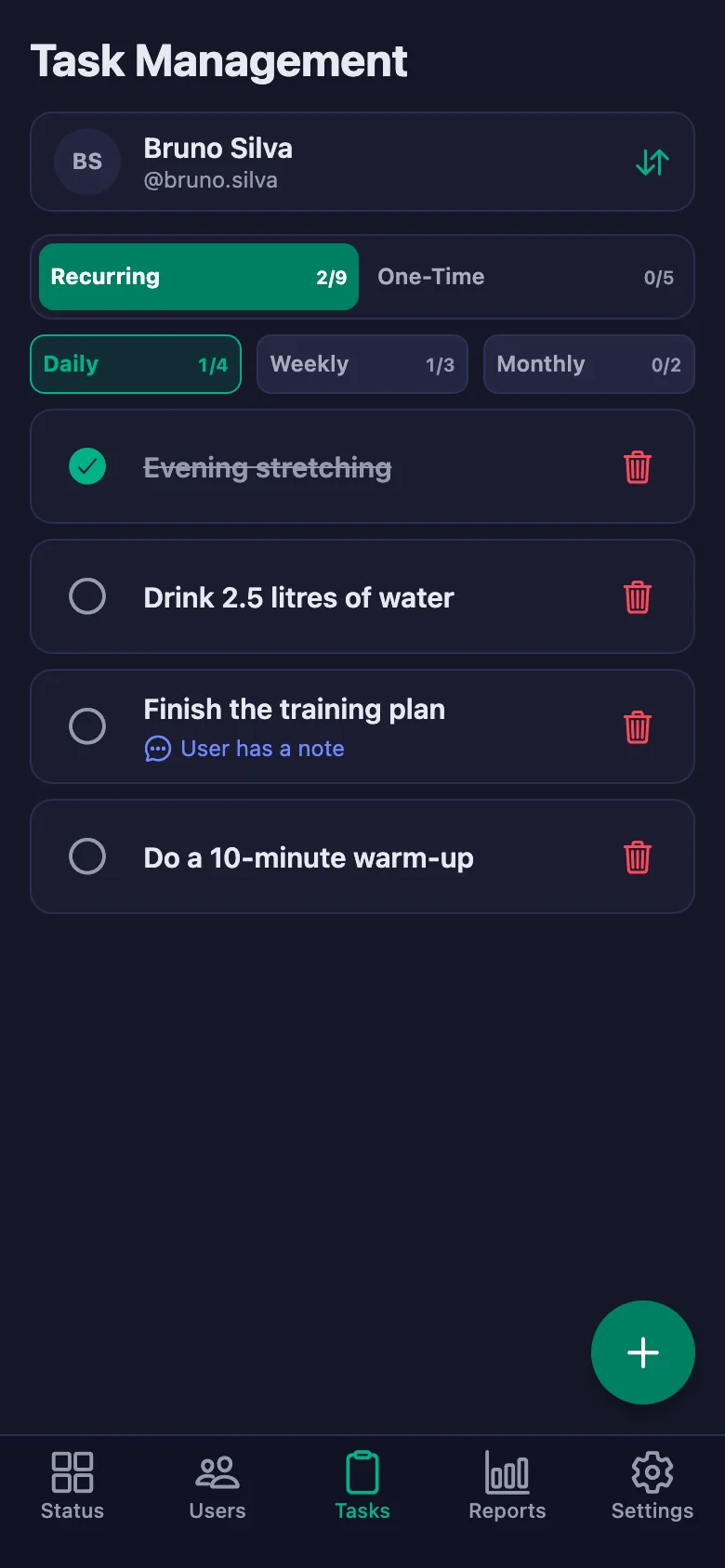 You add the programme one item at a time, and see your client's note in the same place.