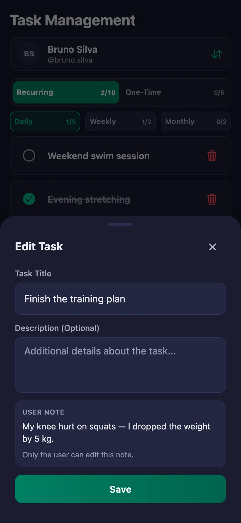 You add the programme one item at a time, and see your client's note in the same place.