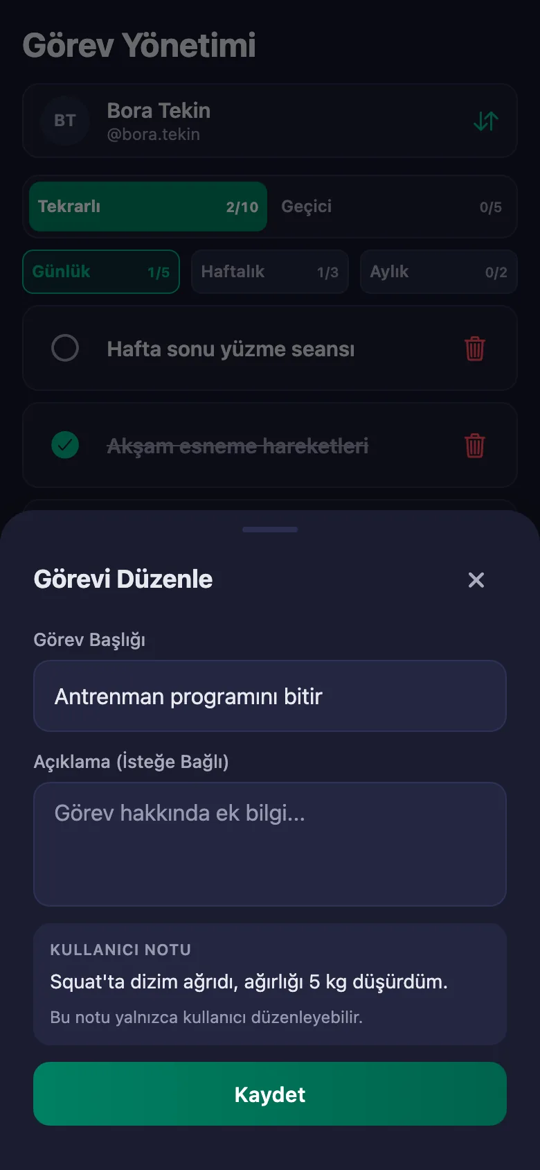 Programı madde madde ekliyor, sporcunun yazdığı notu aynı yerde görüyorsunuz.
