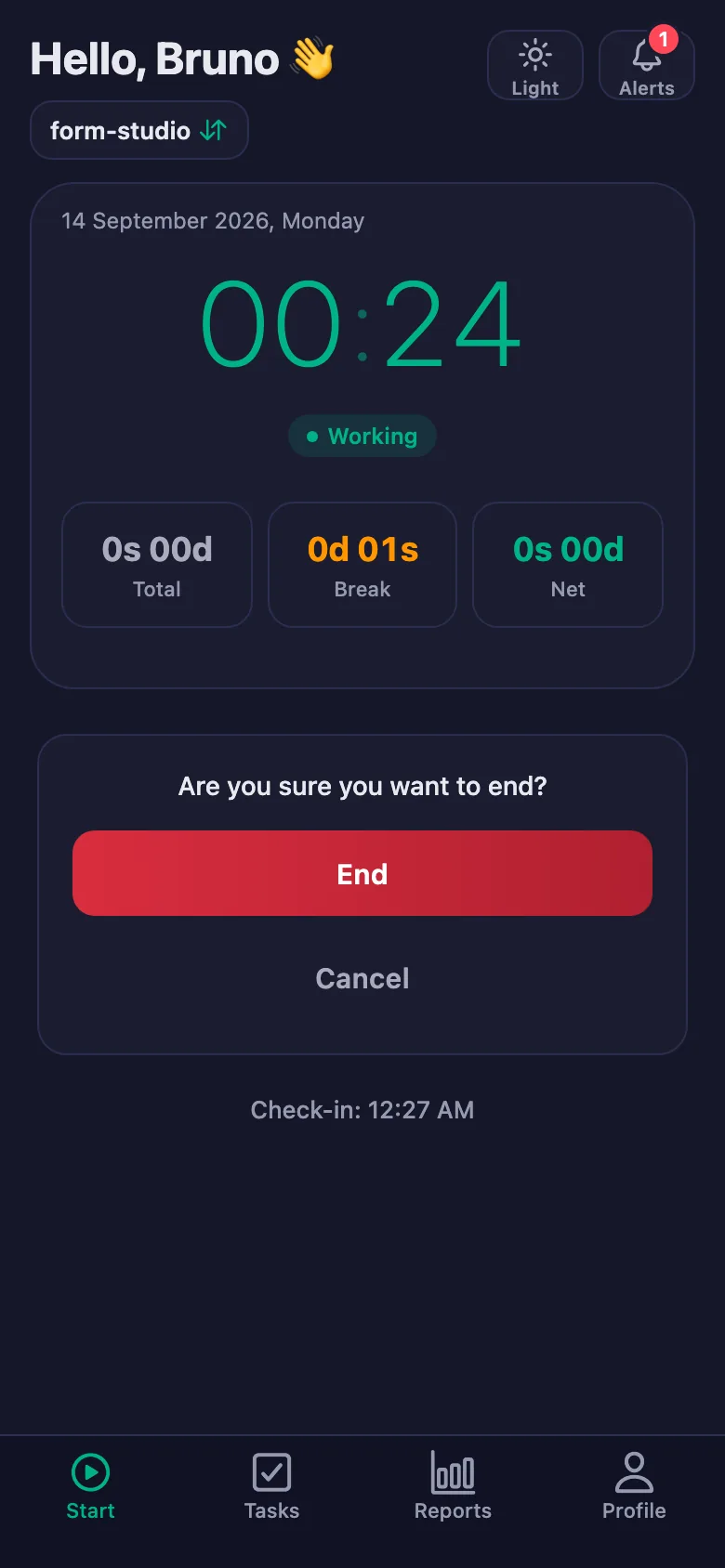 After you confirm, the day's total and net time appear.