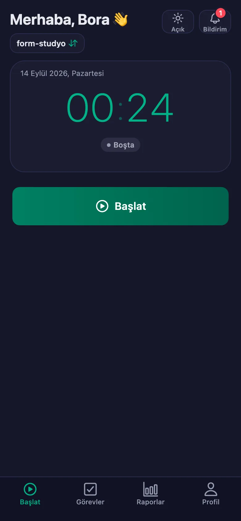 Onaydan sonra günün toplamı ve net süresi görünüyor.
