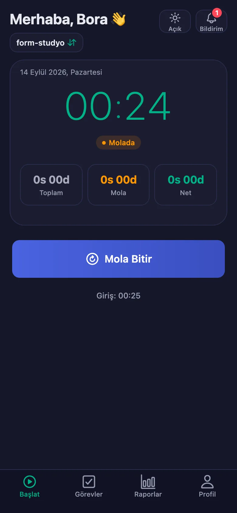 Uzun dinlenme ayrı sayılıyor ve net süreden düşülüyor.