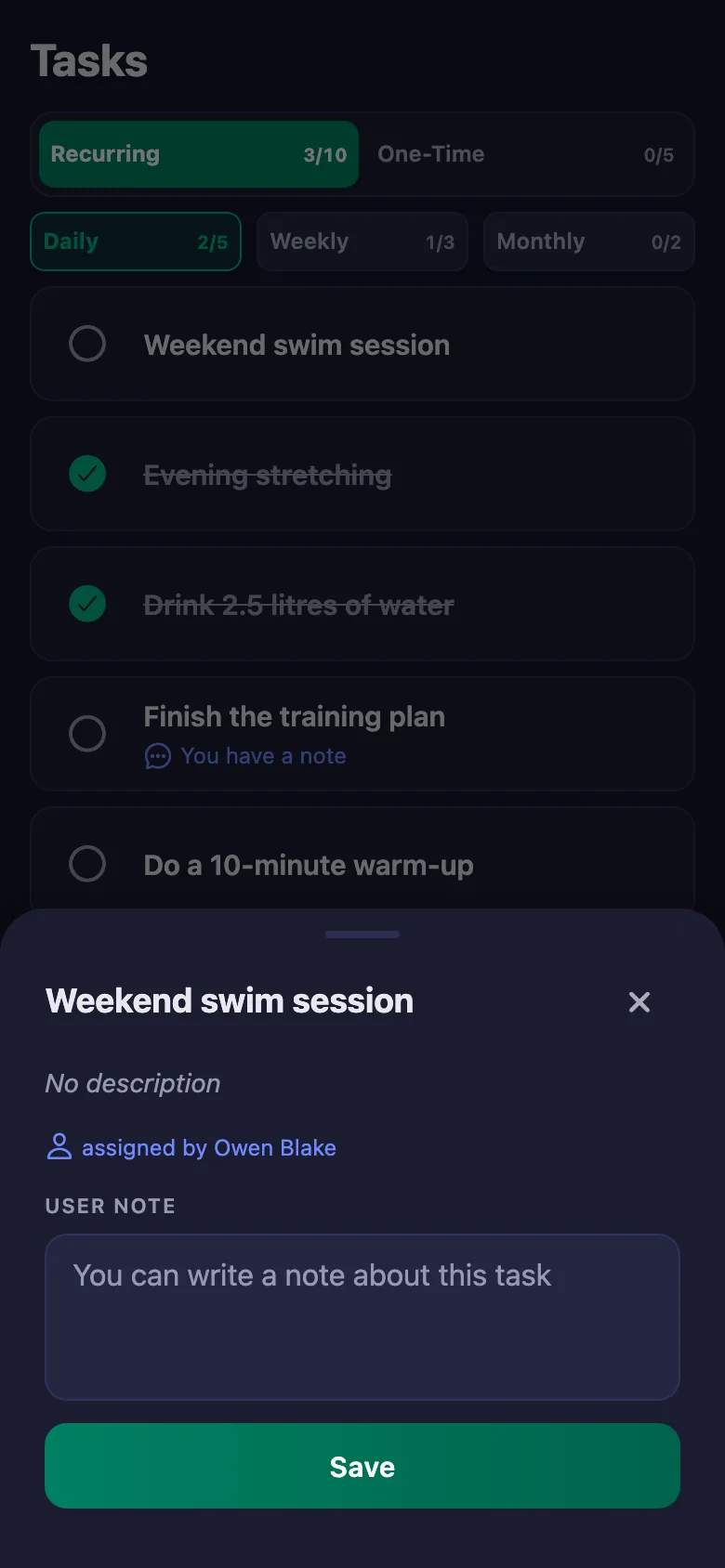 You write down which movement was hard; your trainer reads it but cannot change it.