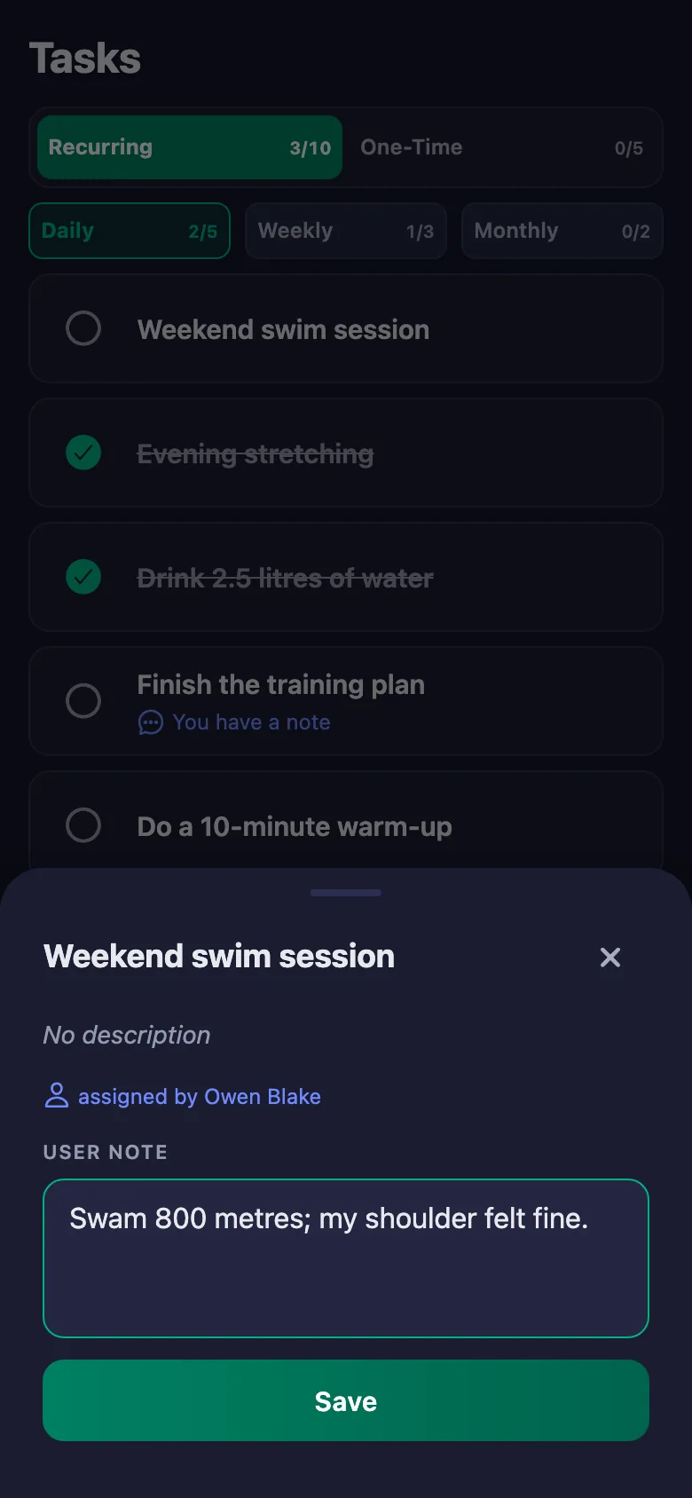 You write down which movement was hard; your trainer reads it but cannot change it.