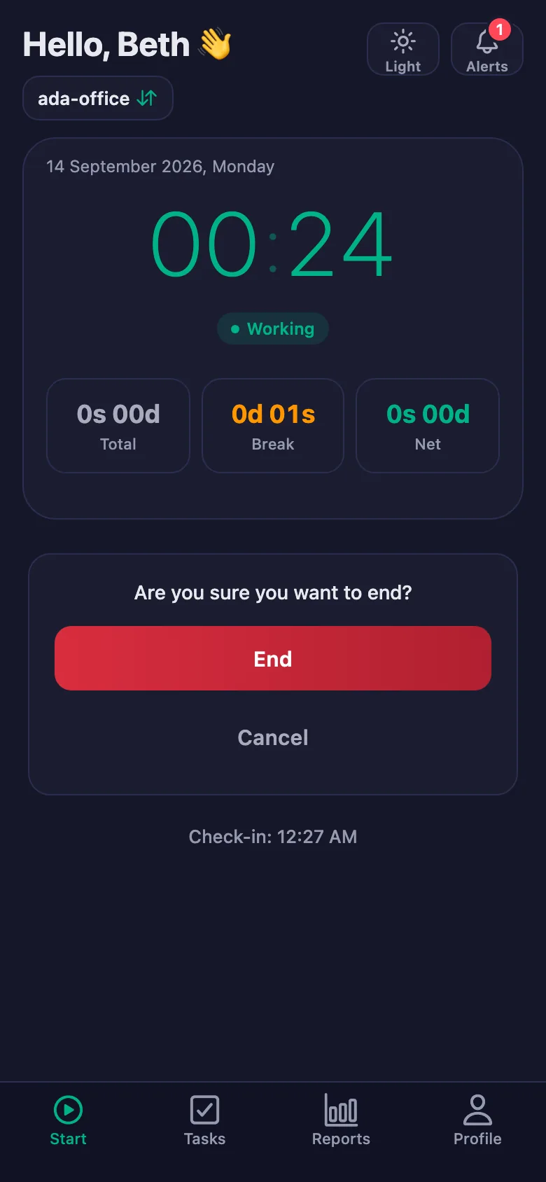 After you confirm, the day's total and net time appear.