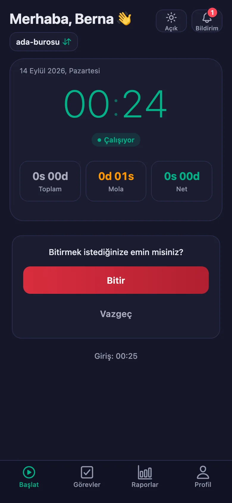 Onaydan sonra günün toplamı ve net süresi görünüyor.