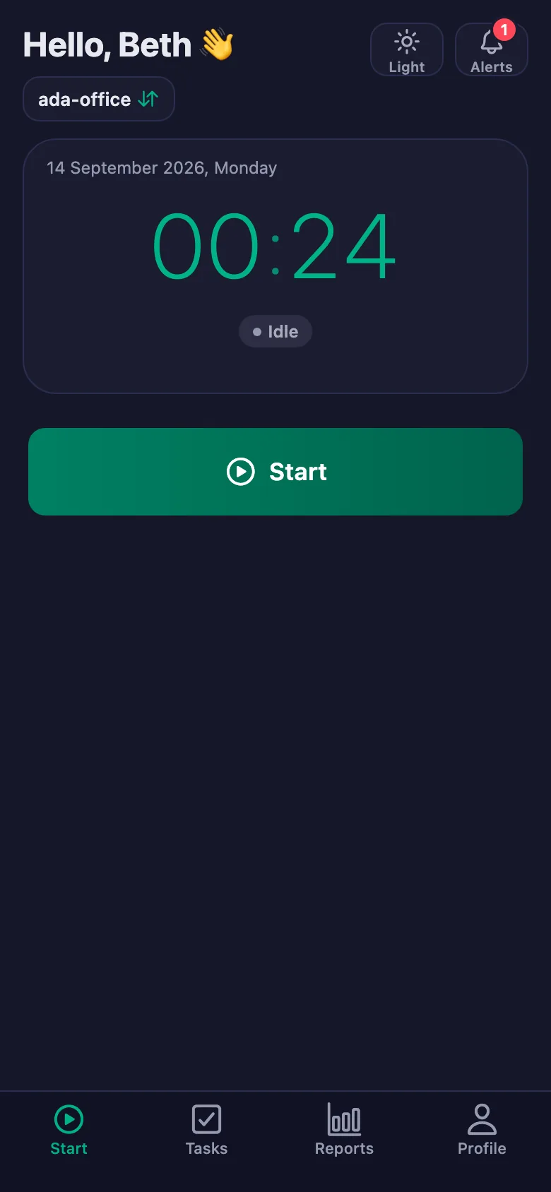 One tap; the timer starts running second by second.