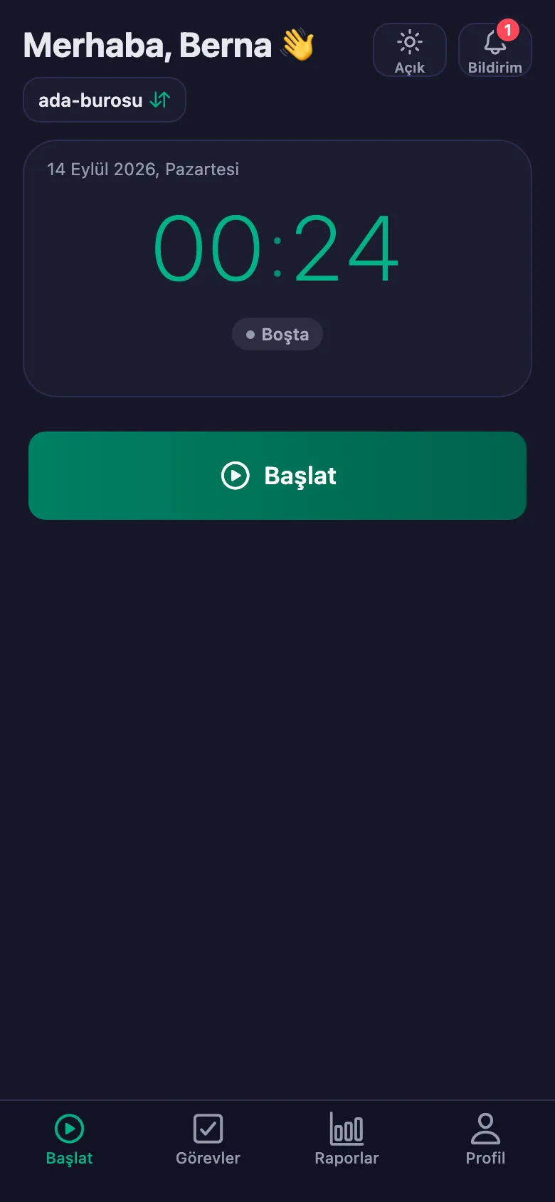 Tek dokunuş; süre saniye saniye işlemeye başlıyor.