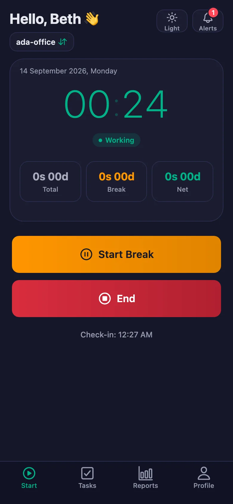One tap; the timer starts running second by second.