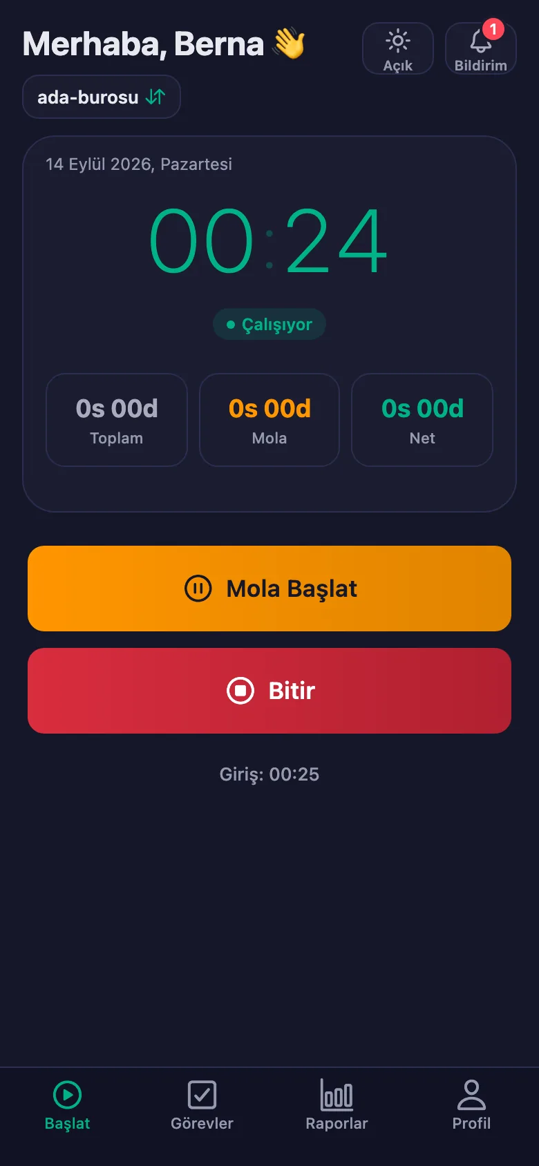 Tek dokunuş; süre saniye saniye işlemeye başlıyor.