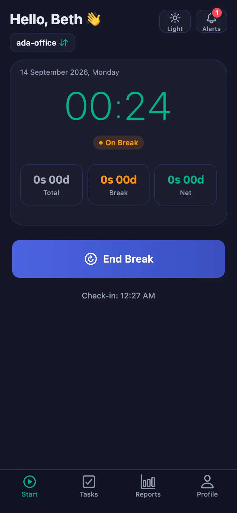 The break is counted separately and taken off the net time.