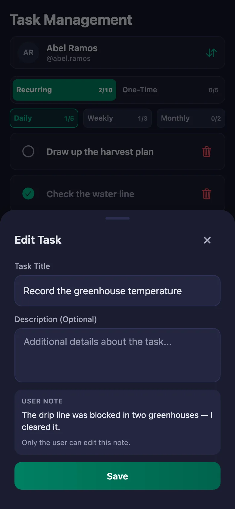 You add the daily records one by one, and see your crew's note in the same place.