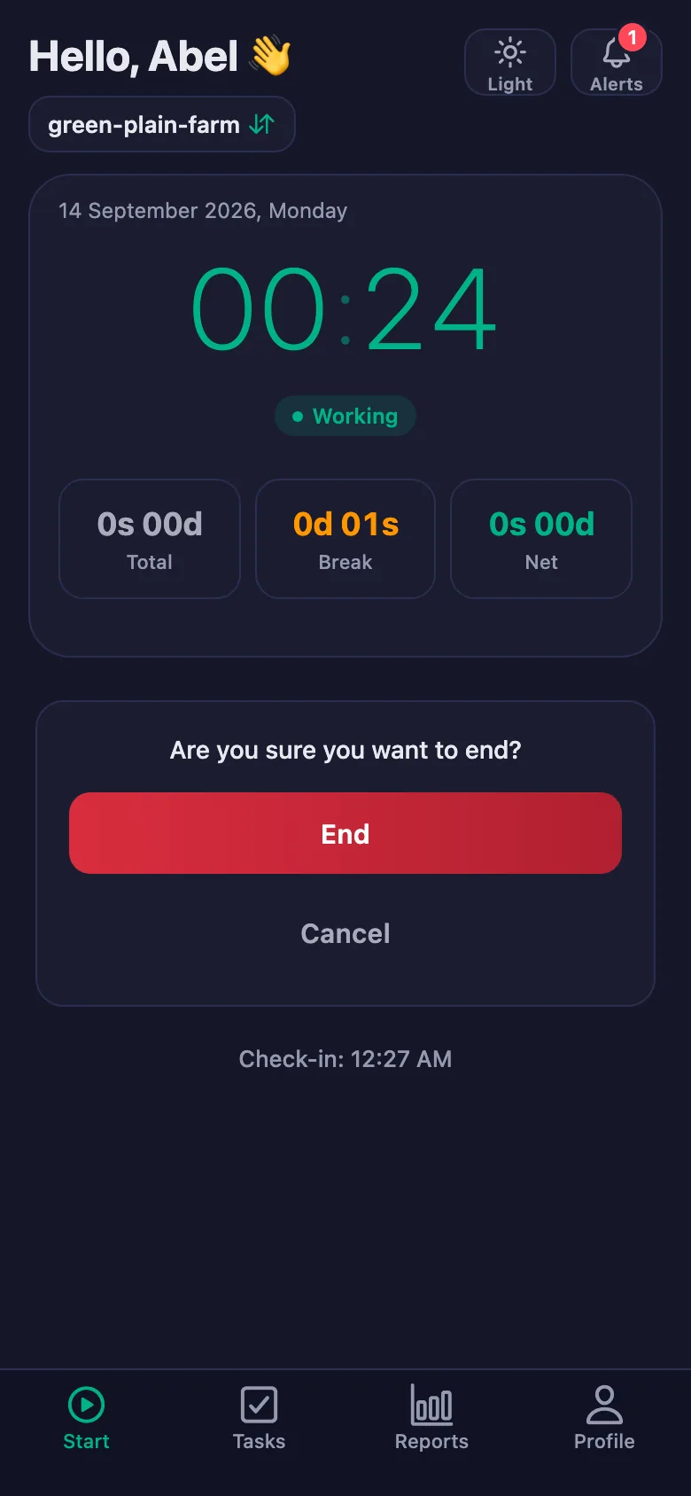 After you confirm, the day's total and net time appear.