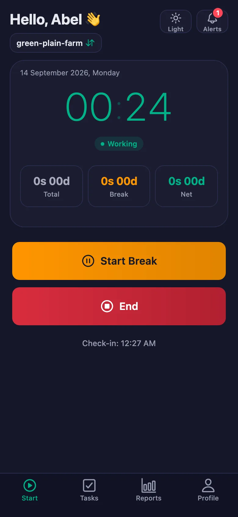 One tap; the timer starts running second by second.
