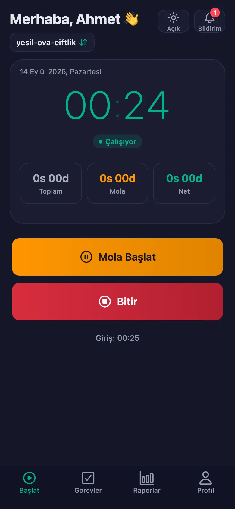 Tek dokunuş; süre saniye saniye işlemeye başlıyor.