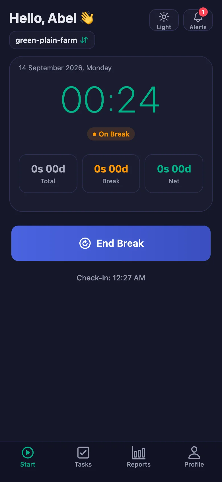 The break is counted separately and taken off the net time.
