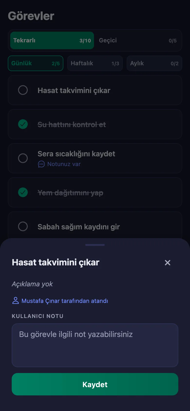 Hangi sera, ne oldu — kısa bir not; çiftlik sahibi okuyor ama değiştiremiyor.