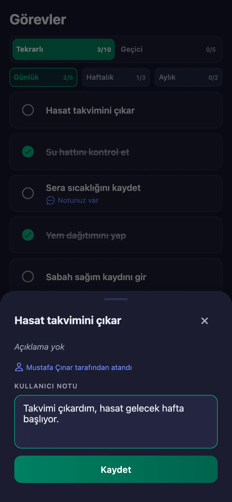 Hangi sera, ne oldu — kısa bir not; çiftlik sahibi okuyor ama değiştiremiyor.