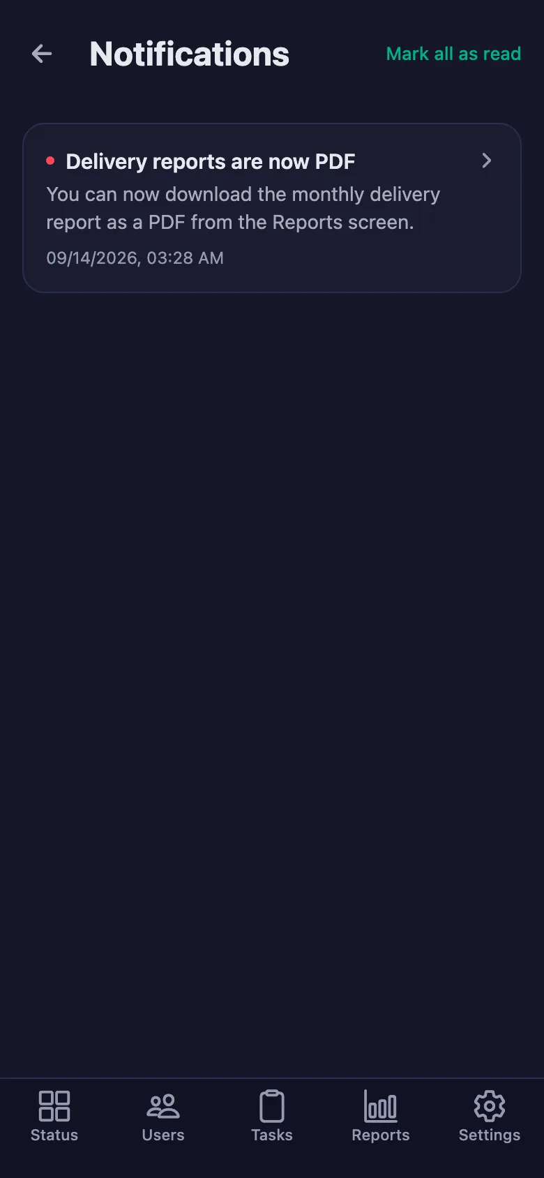 You download the report as a PDF; notifications can also go to Telegram if you want.