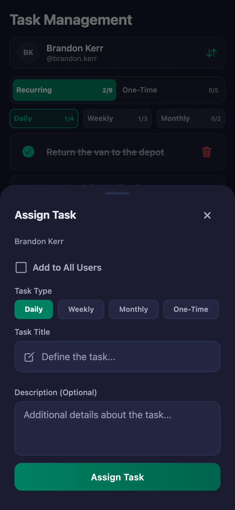 You add the vehicle and delivery checks one by one, and see your team's note in the same place.
