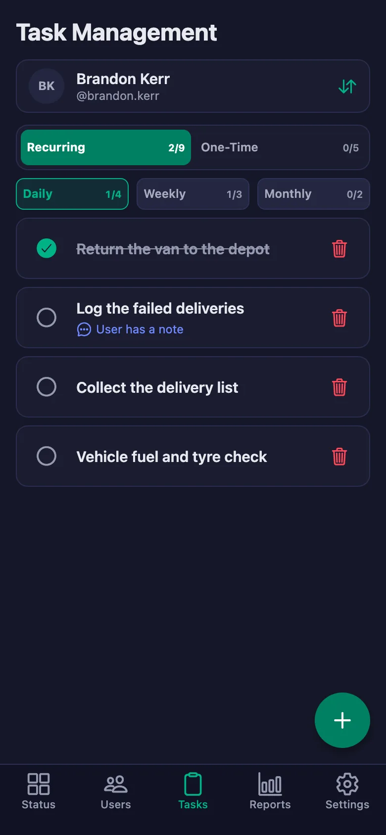 You add the vehicle and delivery checks one by one, and see your team's note in the same place.