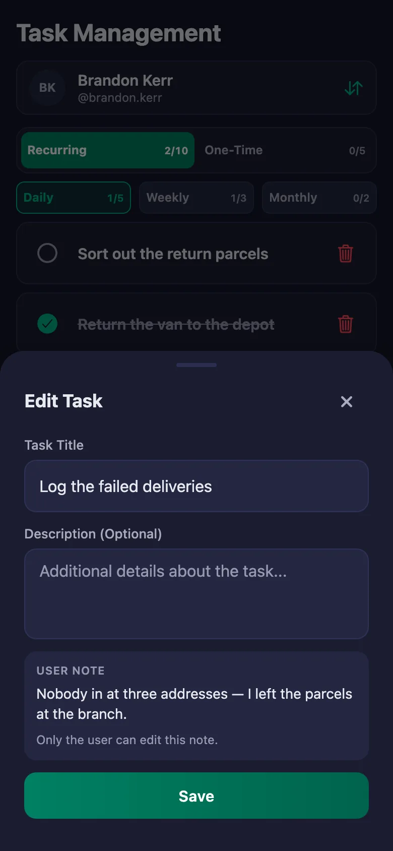 You add the vehicle and delivery checks one by one, and see your team's note in the same place.