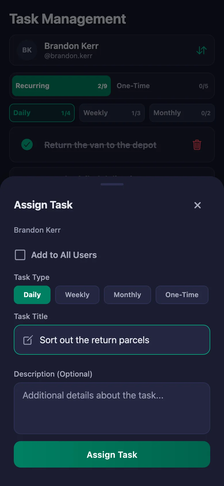 You add the vehicle and delivery checks one by one, and see your team's note in the same place.