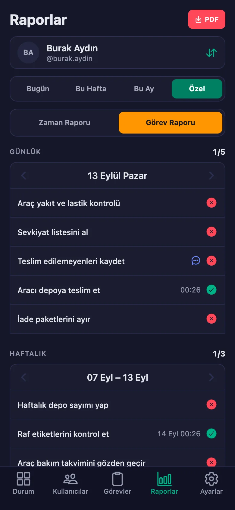 Gün, hafta, ay ya da kendi seçtiğiniz tarih aralığı.