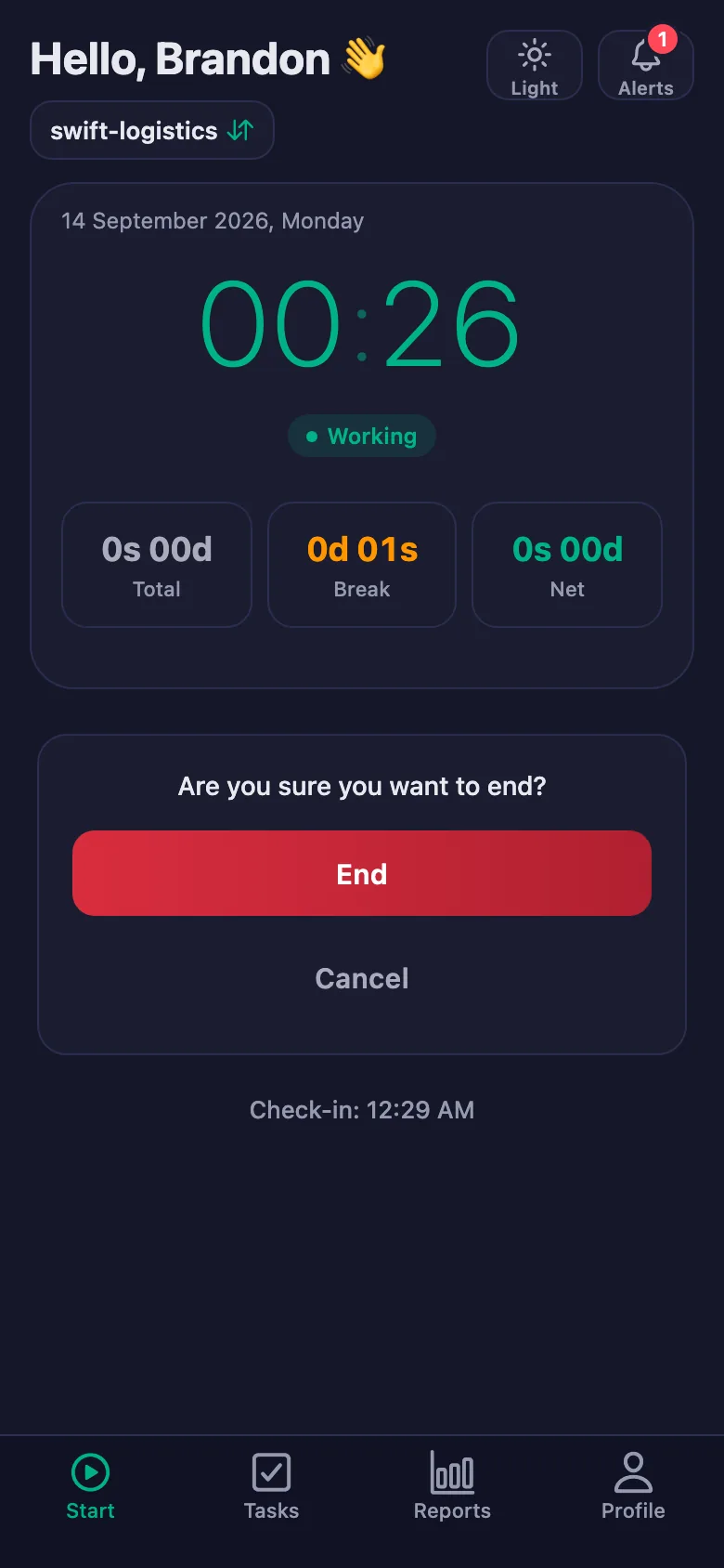 After you confirm, the day's total and net time appear.