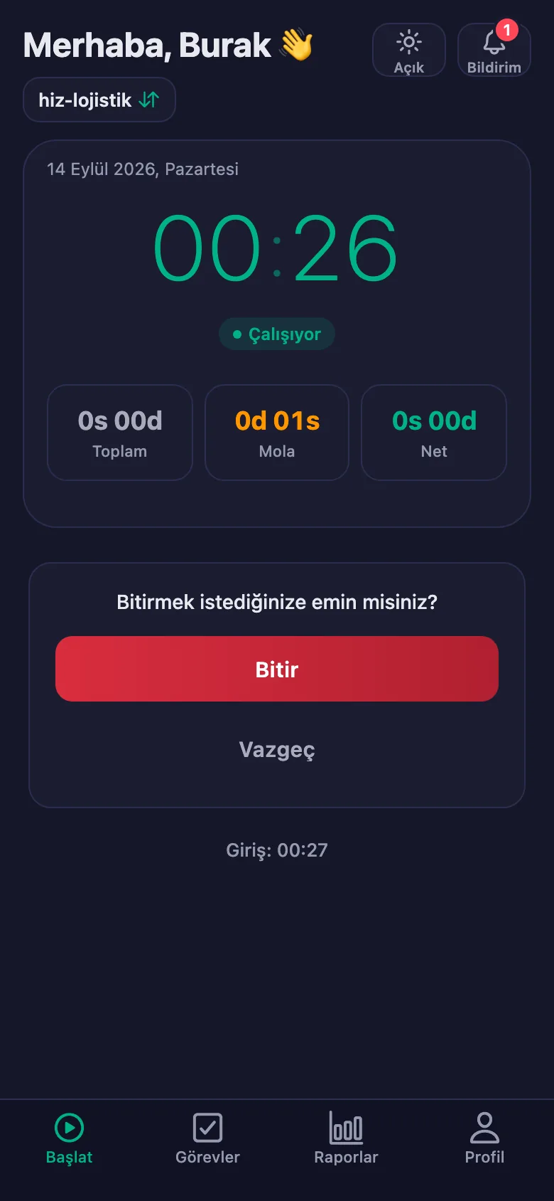 Onaydan sonra günün toplamı ve net süresi görünüyor.