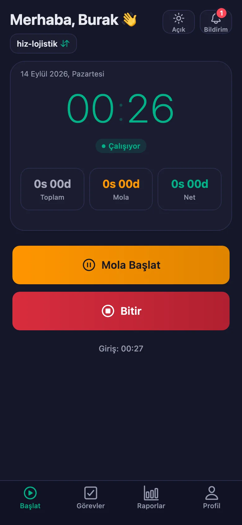 Tek dokunuş; süre saniye saniye işlemeye başlıyor.