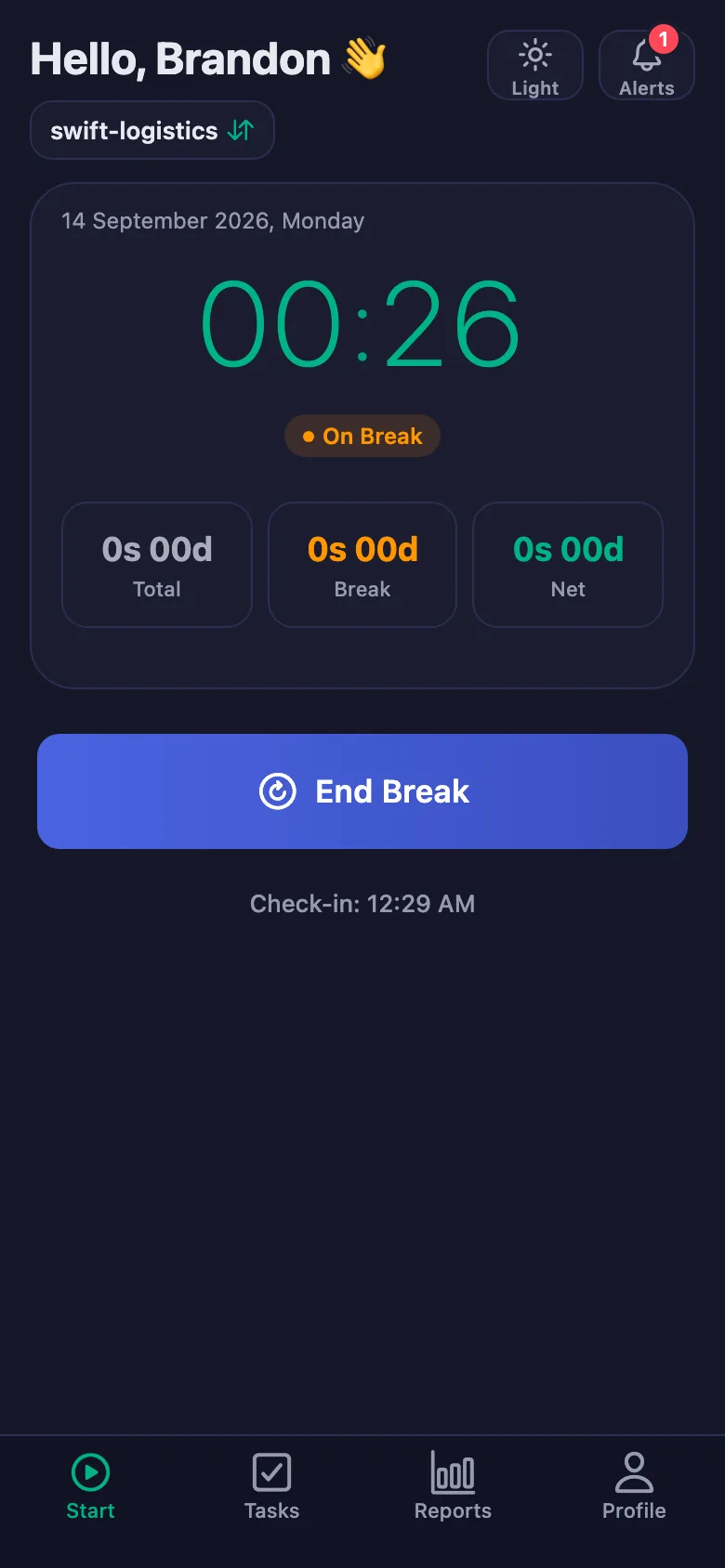 The break is counted separately and taken off the net time.