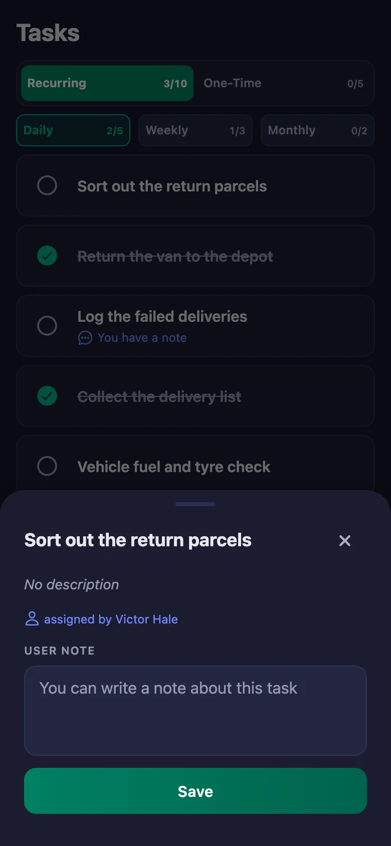 How many addresses, where the parcel was left — a short note; the manager reads it but cannot change it.