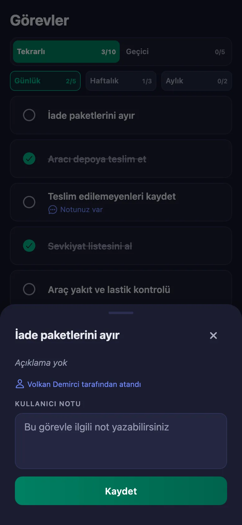 Kaç adres, paket nereye bırakıldı — kısa bir not; yönetici okuyor ama değiştiremiyor.