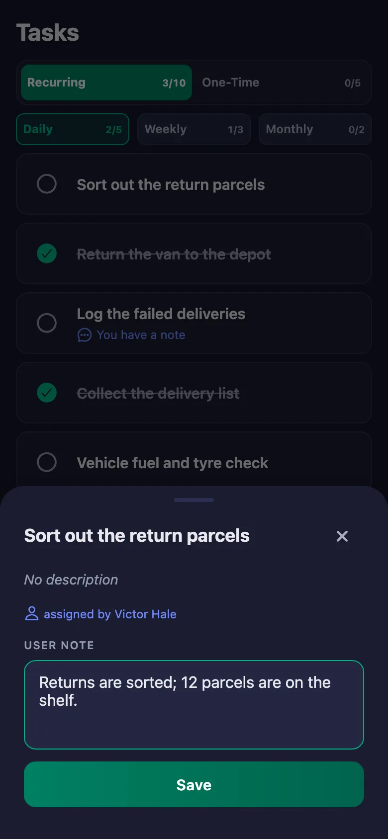 How many addresses, where the parcel was left — a short note; the manager reads it but cannot change it.