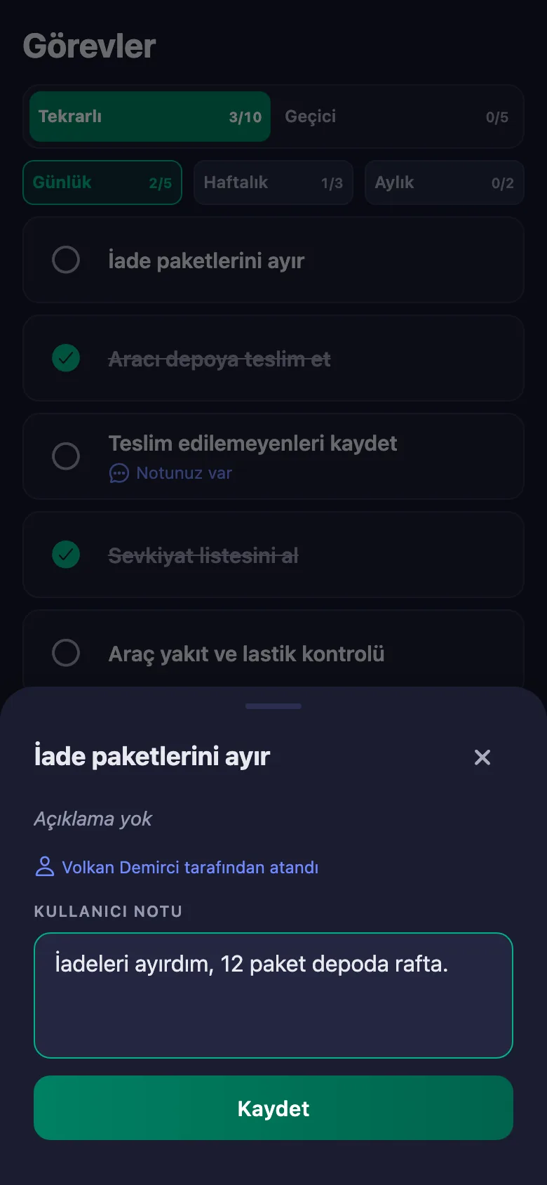 Kaç adres, paket nereye bırakıldı — kısa bir not; yönetici okuyor ama değiştiremiyor.
