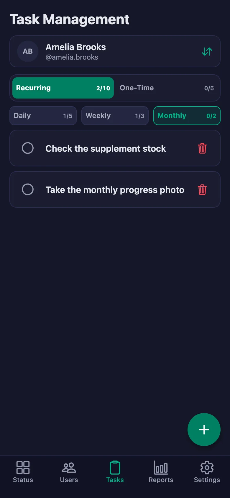 Add meals and habits item by item, and see the note your client wrote in the same place.