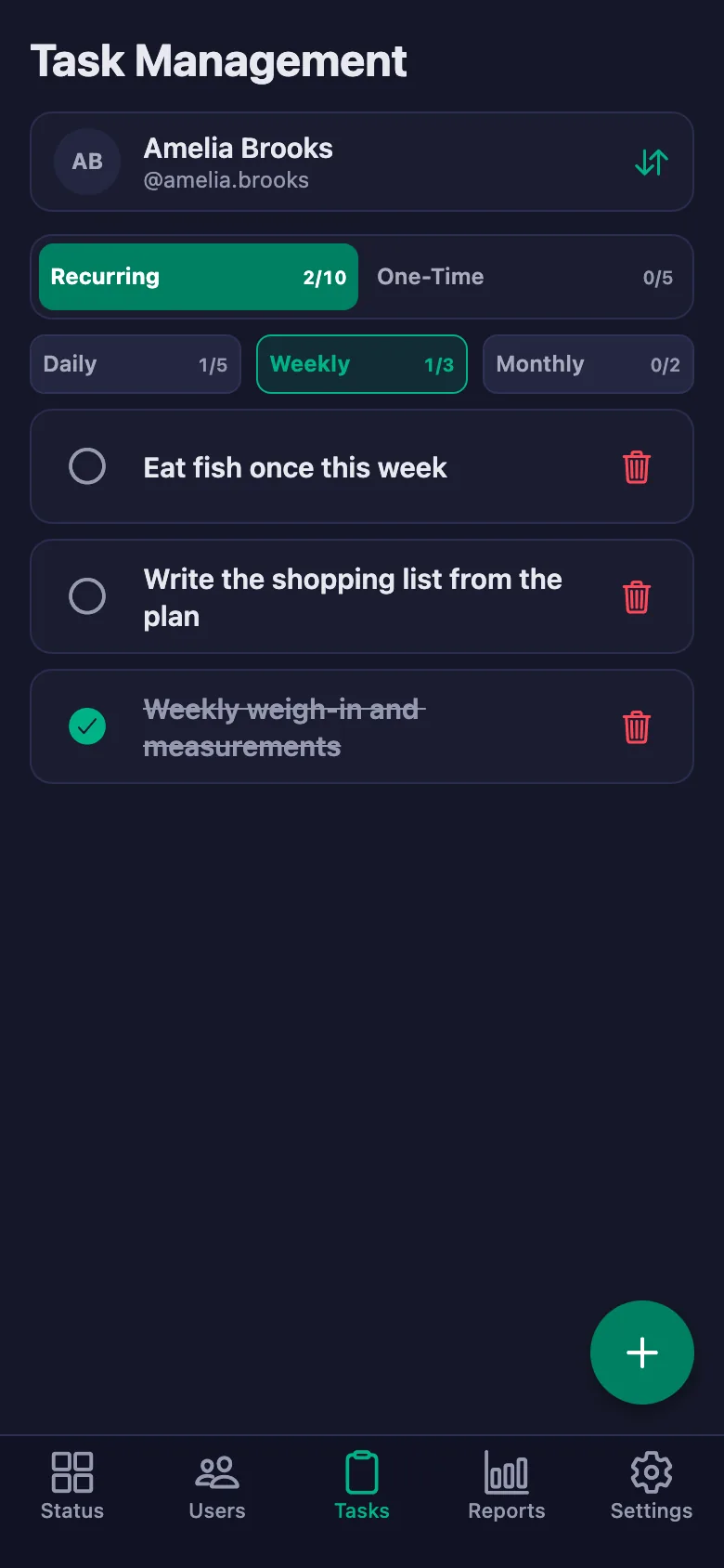 Add meals and habits item by item, and see the note your client wrote in the same place.