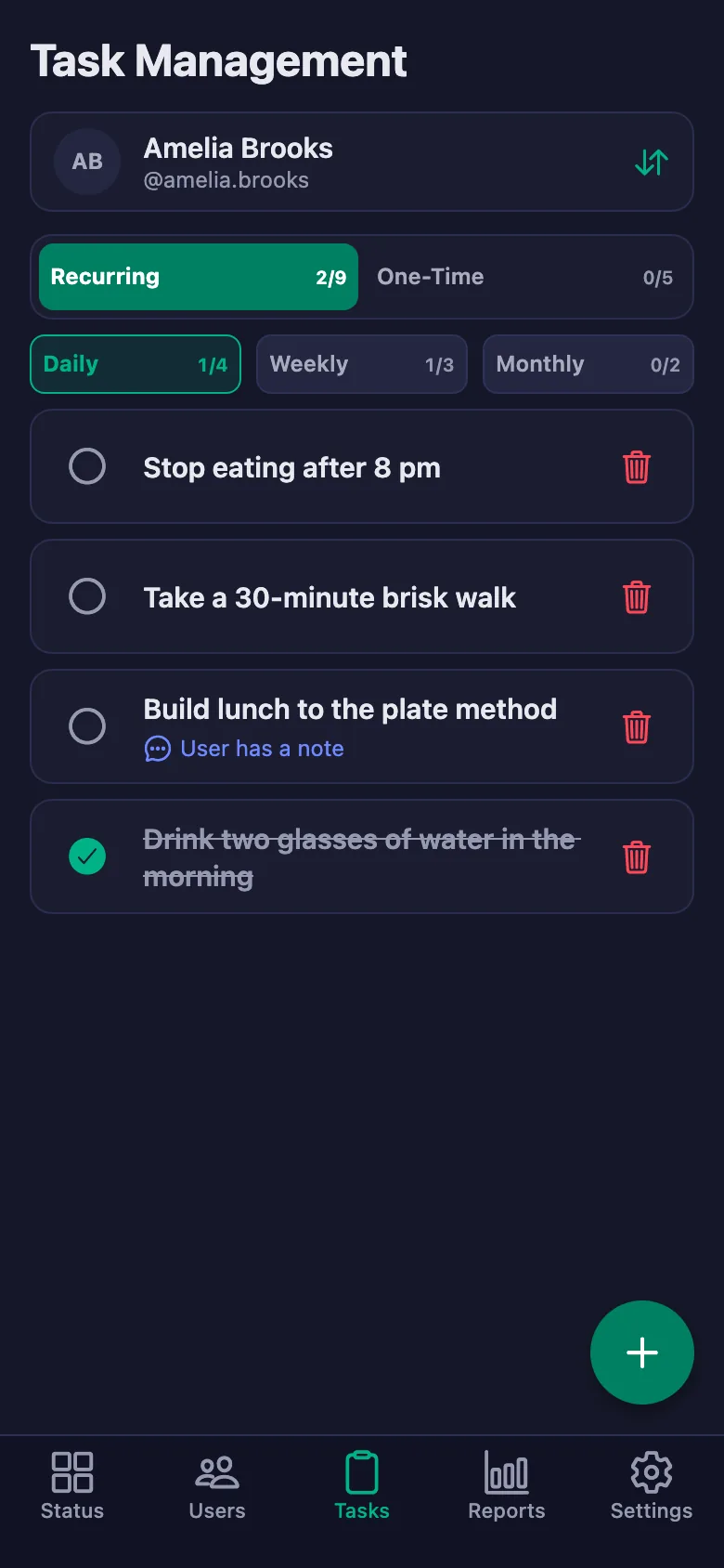 Add meals and habits item by item, and see the note your client wrote in the same place.
