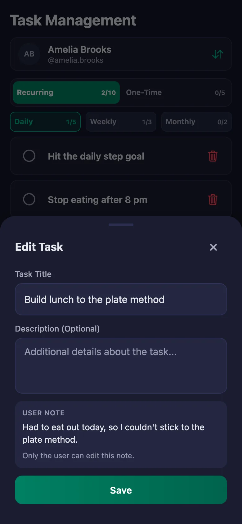 Add meals and habits item by item, and see the note your client wrote in the same place.